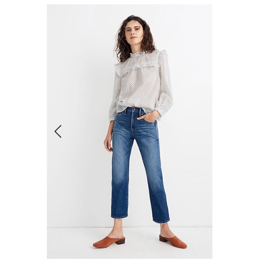 Madewell Mockneck Ruffle Top in Flocked Dot Size Medium